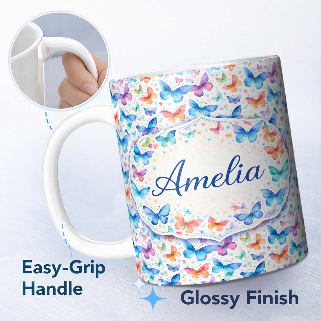 Personalized Custom Name Vibrant Blue and Multicolor Butterflies on Light Background Seamless 11oz Ceramic Coffee Tea Mug White Large Handle