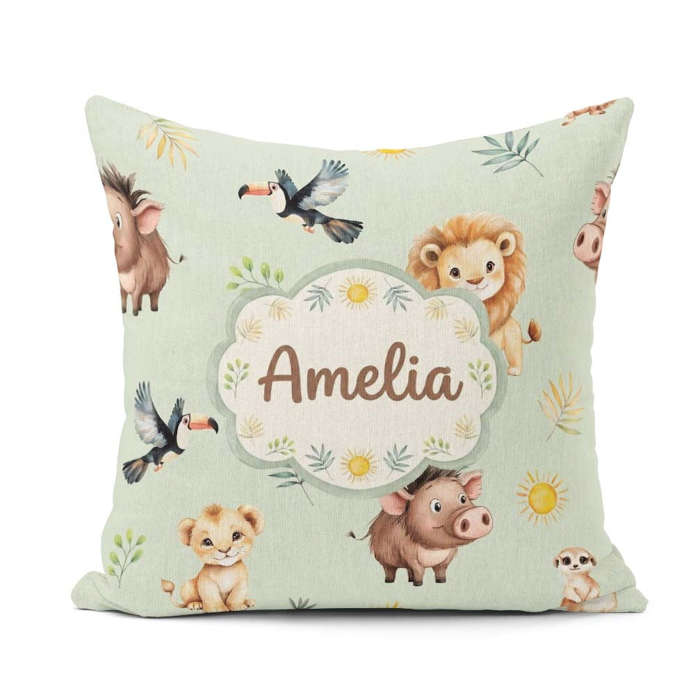 Custom Name Jungle Animals Lion Meerkat Toucan on Green Seamless Square Filled Cushion Throw Pillow Sofa Bed Home Decor Zip Washable UK Made