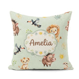 Custom Name Jungle Animals Lion Meerkat Toucan on Green Seamless Square Filled Cushion Throw Pillow Sofa Bed Home Decor Zip Washable UK Made