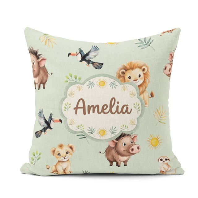 Custom Name Jungle Animals Lion Meerkat Toucan on Green Seamless Square Filled Cushion Throw Pillow Sofa Bed Home Decor Zip Washable UK Made