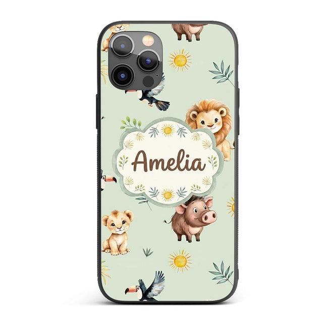 Jungle Animals Lion Meerkat Toucan Boar on Sage Custom Name Protective Phone Case Mobile Cover Durable Everyday Smartphone Shock Resistant