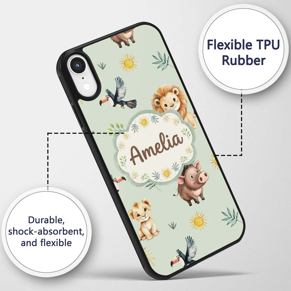 Jungle Animals Lion Meerkat Toucan Boar on Sage Custom Name Protective Phone Case Mobile Cover Durable Everyday Smartphone Shock Resistant