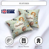 Custom Name Jungle Animals Lion Meerkat Toucan on Green Seamless Square Filled Cushion Throw Pillow Sofa Bed Home Decor Zip Washable UK Made