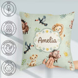 Custom Name Jungle Animals Lion Meerkat Toucan on Green Seamless Square Filled Cushion Throw Pillow Sofa Bed Home Decor Zip Washable UK Made