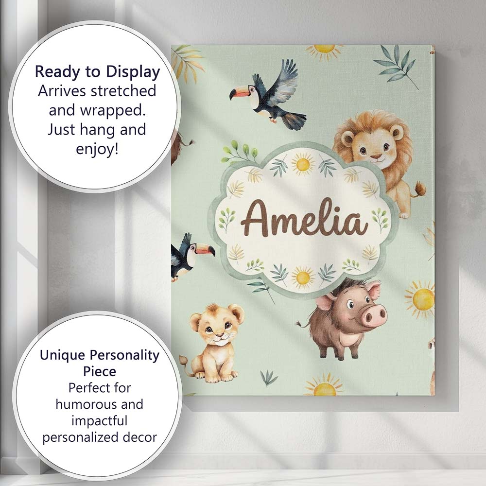 Personalised Name Jungle Animals Lion Custom Modern Room Accent Creative Decorator Style Canvas Wall Art Print Decor Picture Ready to Hang