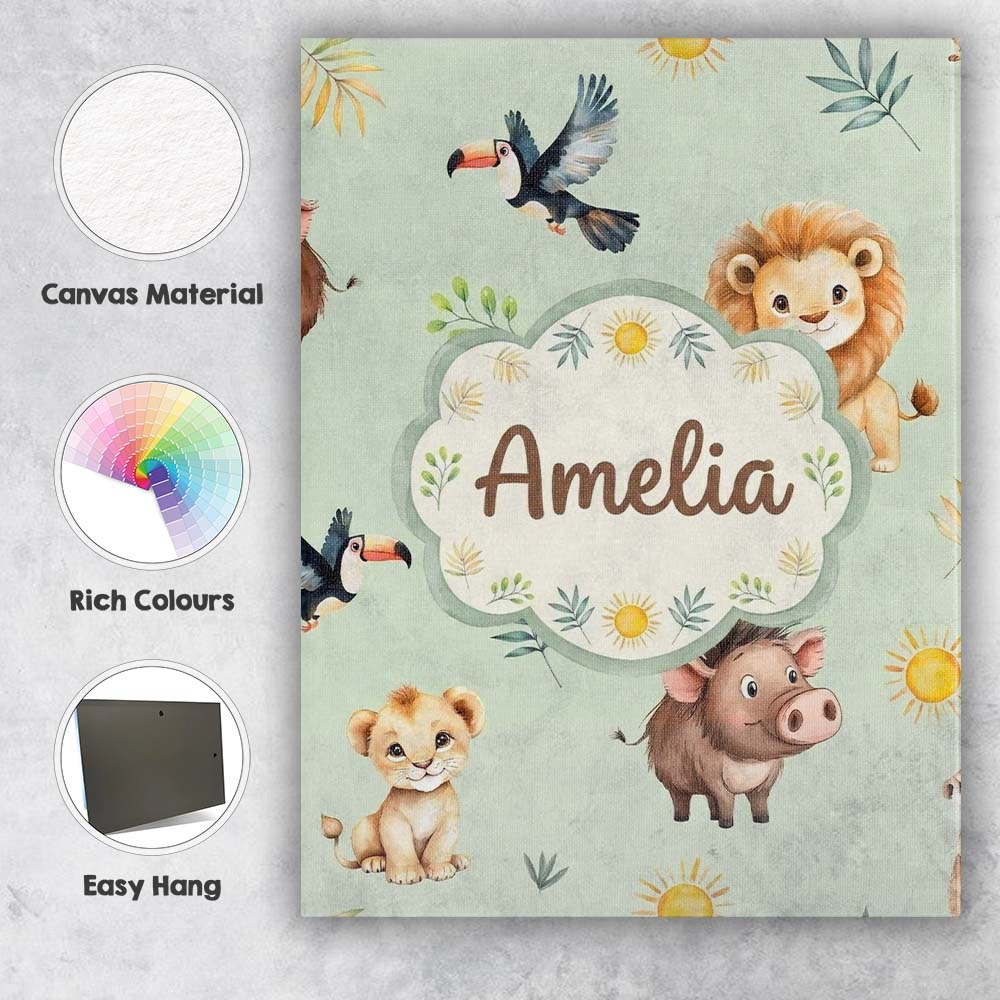 Personalised Name Jungle Animals Lion Custom Modern Room Accent Creative Decorator Style Canvas Wall Art Print Decor Picture Ready to Hang