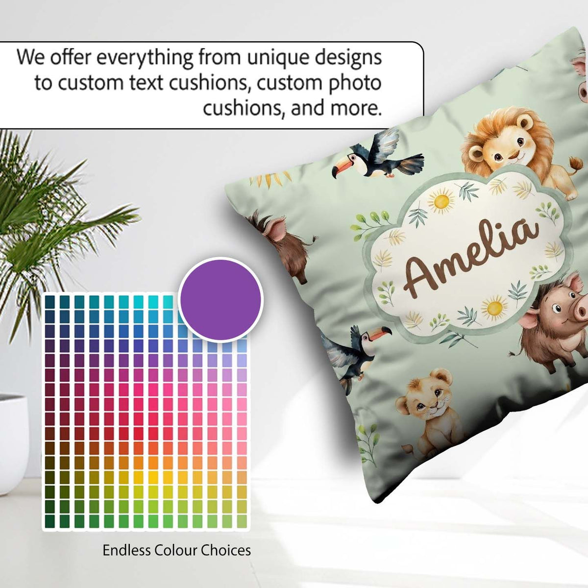 Custom Name Jungle Animals Lion Meerkat Toucan on Green Seamless Square Filled Cushion Throw Pillow Sofa Bed Home Decor Zip Washable UK Made