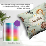 Custom Name Jungle Animals Lion Meerkat Toucan on Green Seamless Square Filled Cushion Throw Pillow Sofa Bed Home Decor Zip Washable UK Made