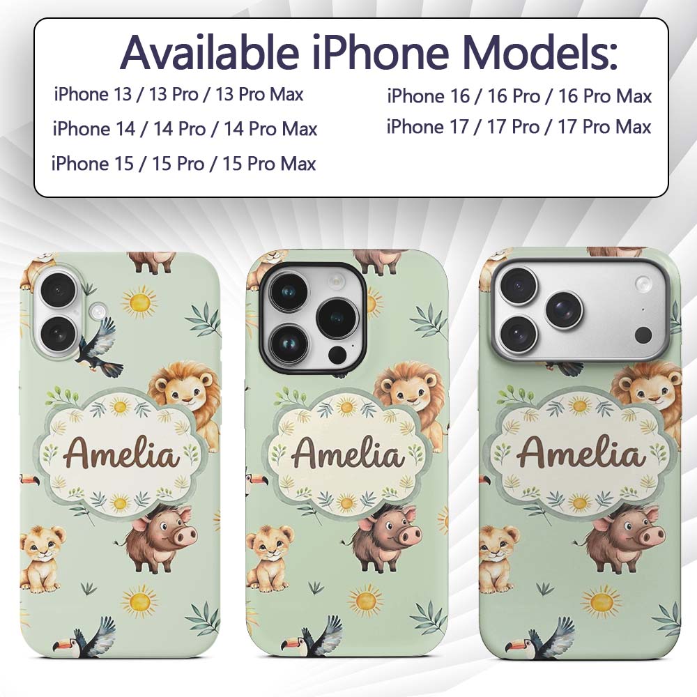 Jungle Animals Lion Meerkat Toucan Boar on Sage Custom Name Protective Phone Case Mobile Cover Durable Everyday Smartphone Shock Resistant