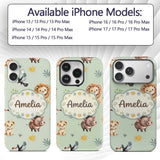 Jungle Animals Lion Meerkat Toucan Boar on Sage Custom Name Protective Phone Case Mobile Cover Durable Everyday Smartphone Shock Resistant