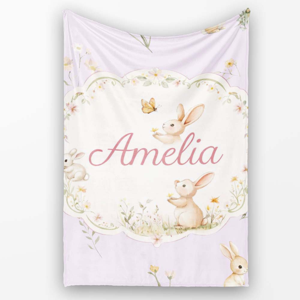 Watercolor Bunny Floral Meadow Soft Lavender Seamless Pattern Lovely  Personalised Custom Name Super Soft Fleece Blanket Bed Sofa Throw