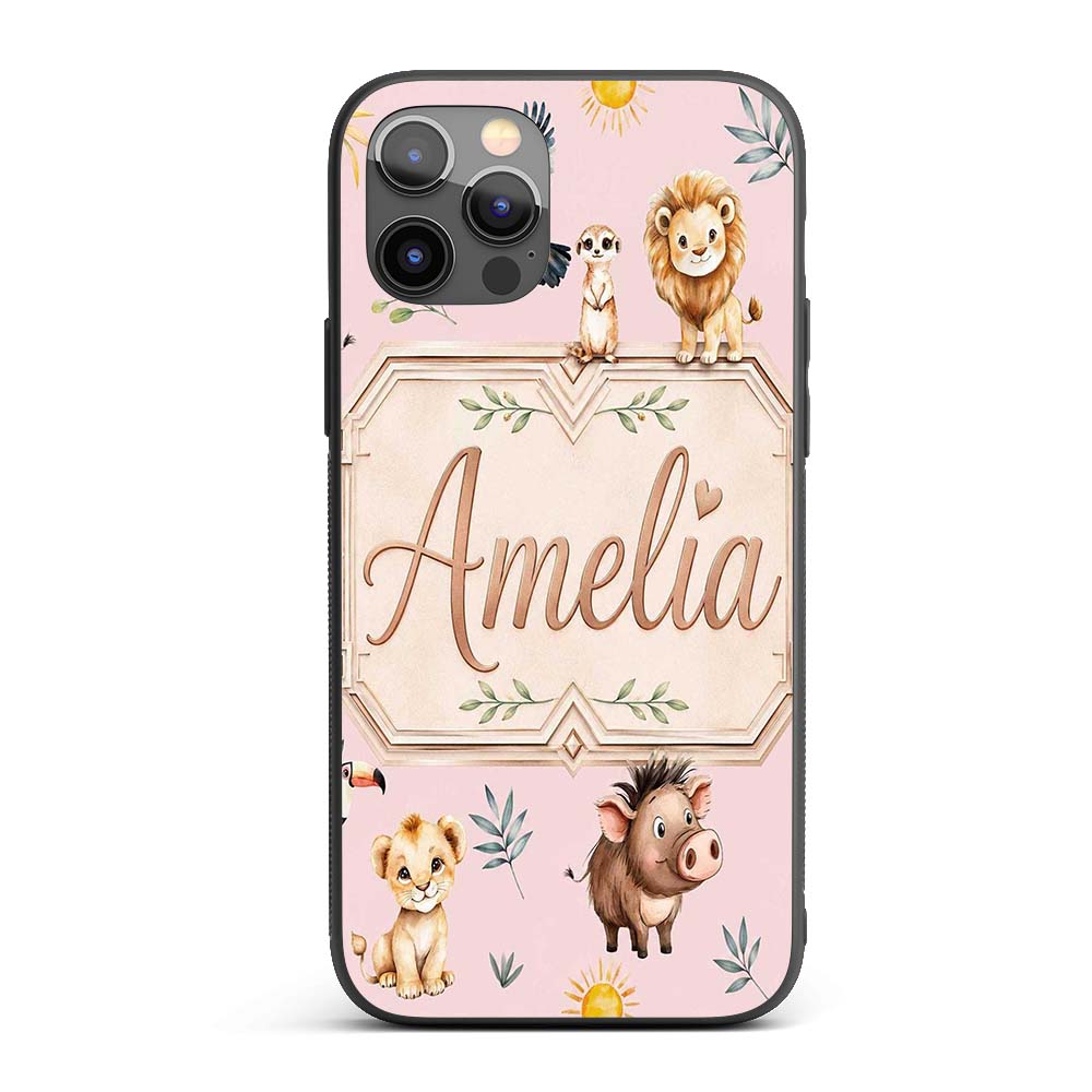 Jungle Animals Lion Meerkat Toucan Boar on Dusty Custom Name Protective Phone Case Mobile Cover Durable Everyday Smartphone Shock Resistant