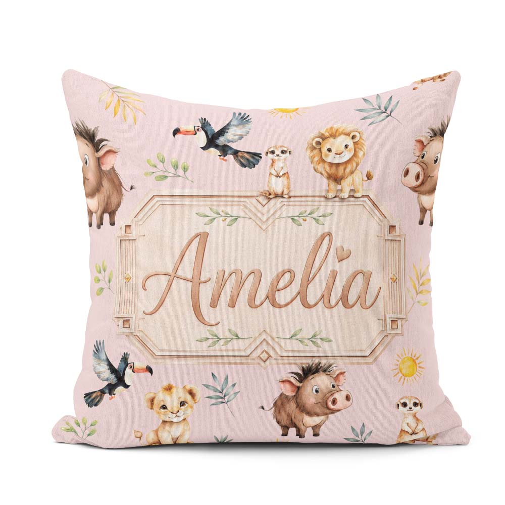 Custom Name Jungle Animals Lion Meerkat Toucan on Dusty Seamless Square Filled Cushion Throw Pillow Sofa Bed Home Decor Zip Washable UK Made