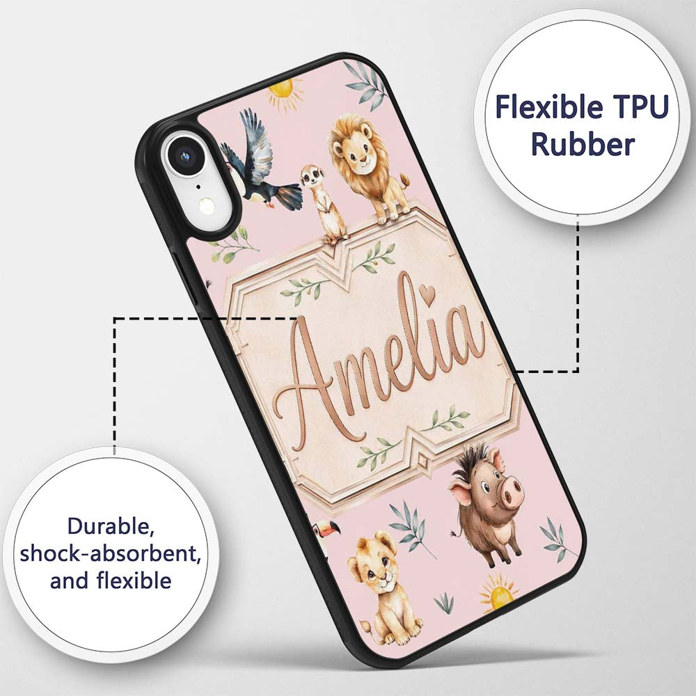 Jungle Animals Lion Meerkat Toucan Boar on Dusty Custom Name Protective Phone Case Mobile Cover Durable Everyday Smartphone Shock Resistant