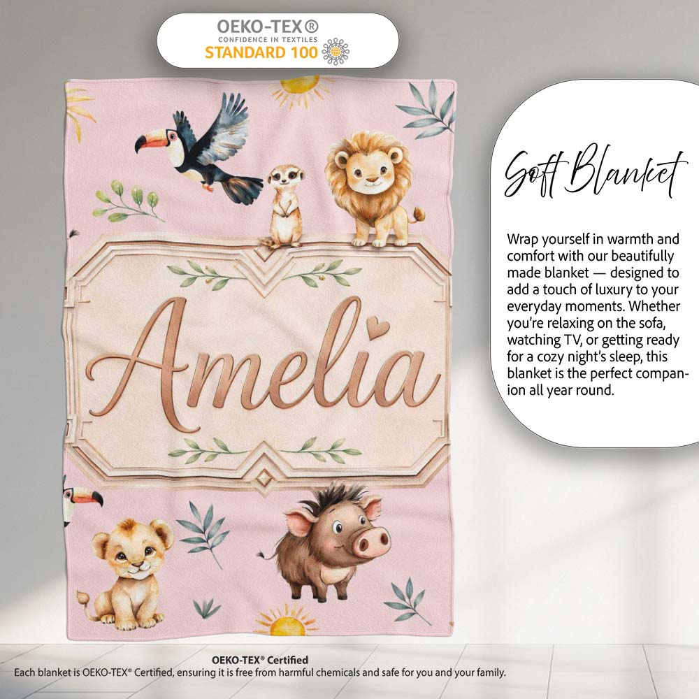 Jungle Animals Lion Meerkat Toucan Boar on Dusty Pink Seamless  Personalised Custom Name Super Soft Fleece Blanket Bed Sofa Throw