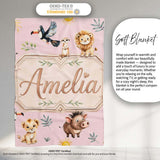 Jungle Animals Lion Meerkat Toucan Boar on Dusty Pink Seamless  Personalised Custom Name Super Soft Fleece Blanket Bed Sofa Throw