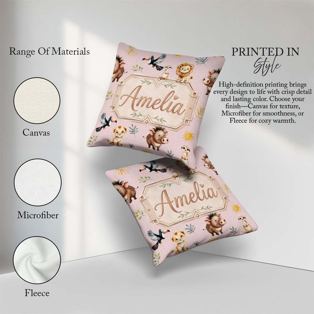 Custom Name Jungle Animals Lion Meerkat Toucan on Dusty Seamless Square Filled Cushion Throw Pillow Sofa Bed Home Decor Zip Washable UK Made