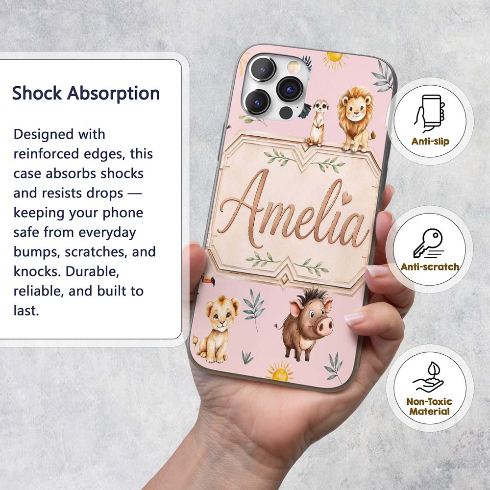 Jungle Animals Lion Meerkat Toucan Boar on Dusty Custom Name Protective Phone Case Mobile Cover Durable Everyday Smartphone Shock Resistant