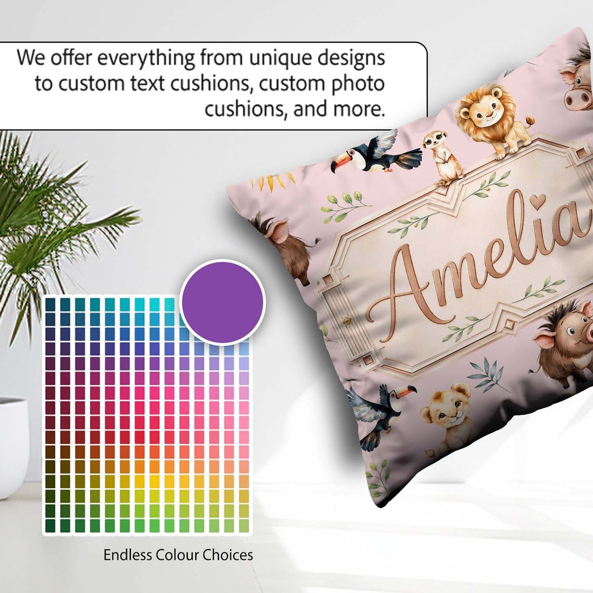 Custom Name Jungle Animals Lion Meerkat Toucan on Dusty Seamless Square Filled Cushion Throw Pillow Sofa Bed Home Decor Zip Washable UK Made