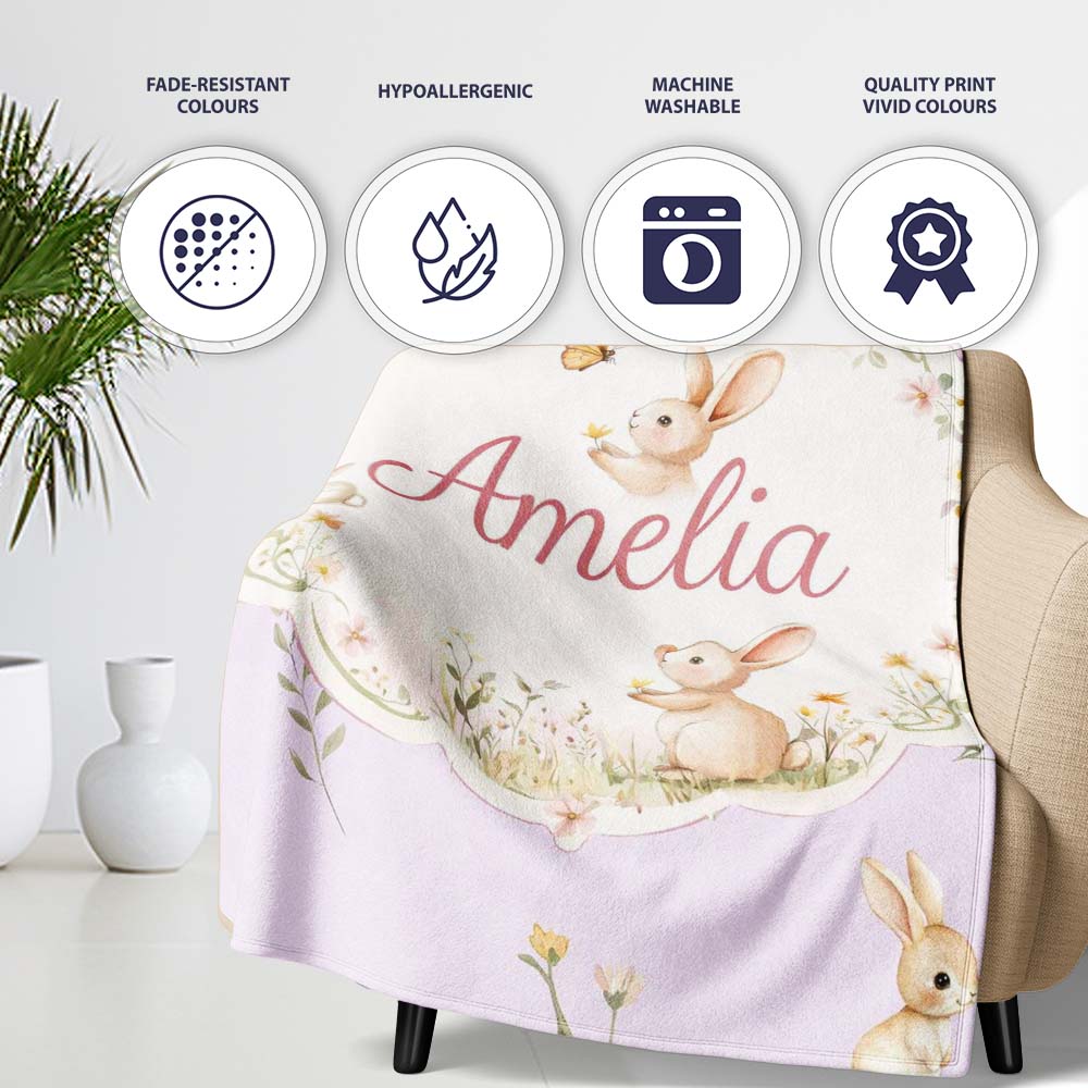 Watercolor Bunny Floral Meadow Soft Lavender Seamless Pattern Lovely  Personalised Custom Name Super Soft Fleece Blanket Bed Sofa Throw