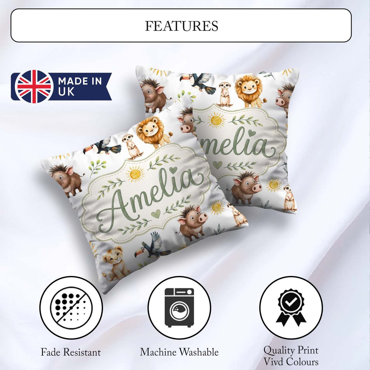 Custom Name Jungle Animals Lion Meerkat Toucan on Light Seamless Square Filled Cushion Throw Pillow Sofa Bed Home Decor Zip Washable UK Made