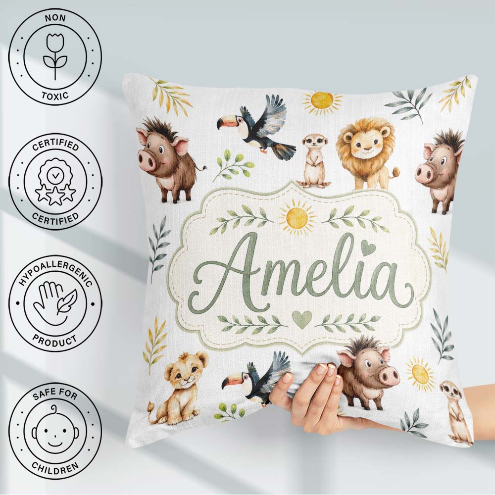Custom Name Jungle Animals Lion Meerkat Toucan on Light Seamless Square Filled Cushion Throw Pillow Sofa Bed Home Decor Zip Washable UK Made