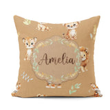 Custom Name Baby Safari Animals Leopard Tiger Lion on Warm Brown Square Filled Cushion Throw Pillow Sofa Bed Home Decor Zip Washable UK Made
