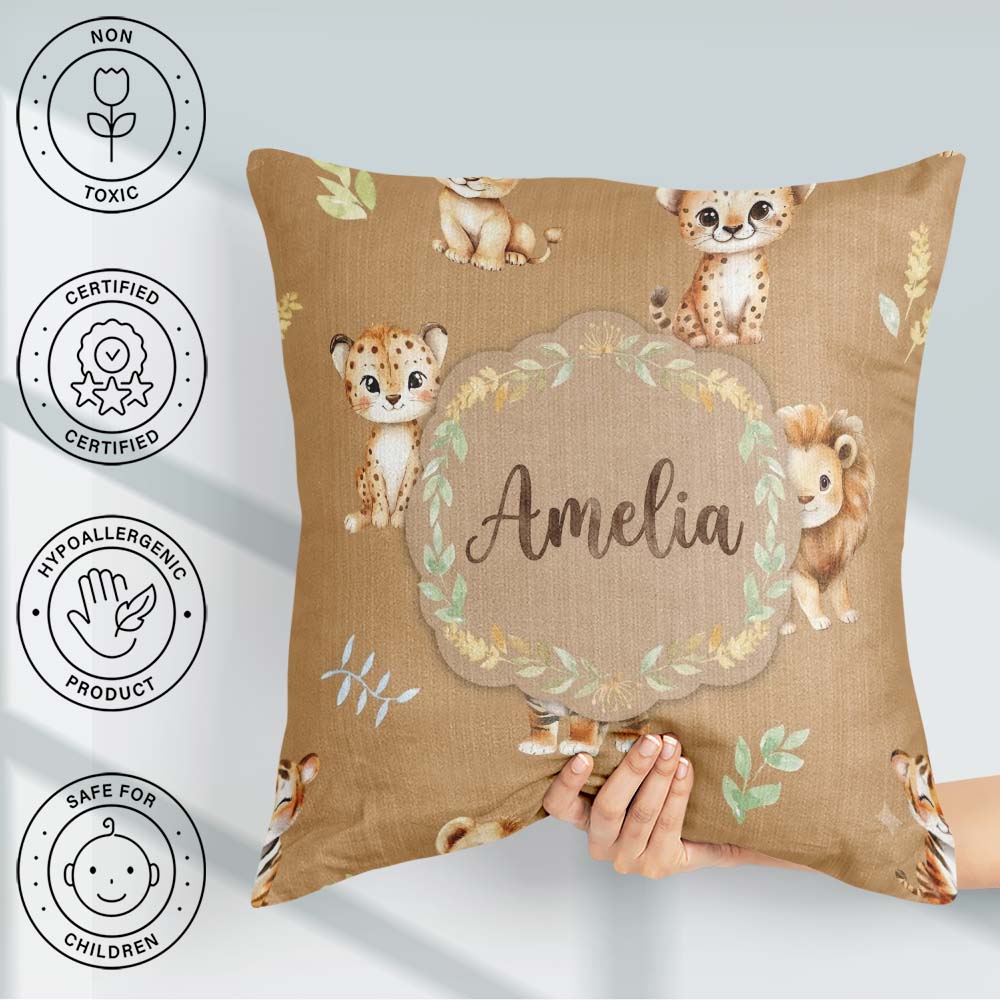 Custom Name Baby Safari Animals Leopard Tiger Lion on Warm Brown Square Filled Cushion Throw Pillow Sofa Bed Home Decor Zip Washable UK Made