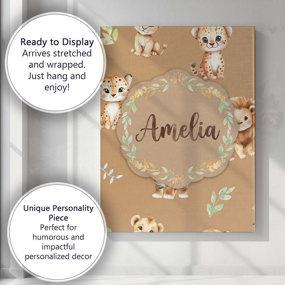 Personalised Name Baby Safari Animals Custom Modern Room Accent Creative Decorator Style Canvas Wall Art Print Decor Picture Ready to Hang