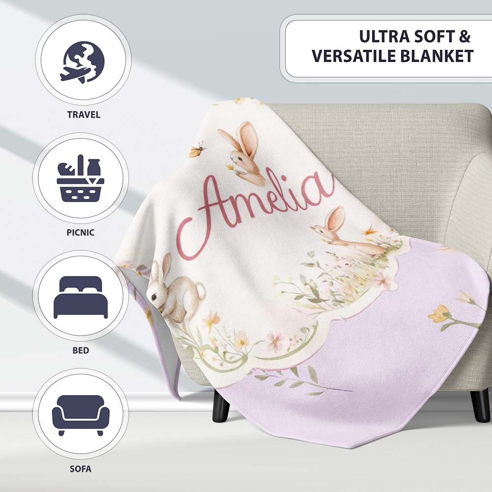 Watercolor Bunny Floral Meadow Soft Lavender Seamless Pattern Lovely  Personalised Custom Name Super Soft Fleece Blanket Bed Sofa Throw