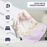 Watercolor Bunny Floral Meadow Soft Lavender Seamless Pattern Lovely  Personalised Custom Name Super Soft Fleece Blanket Bed Sofa Throw