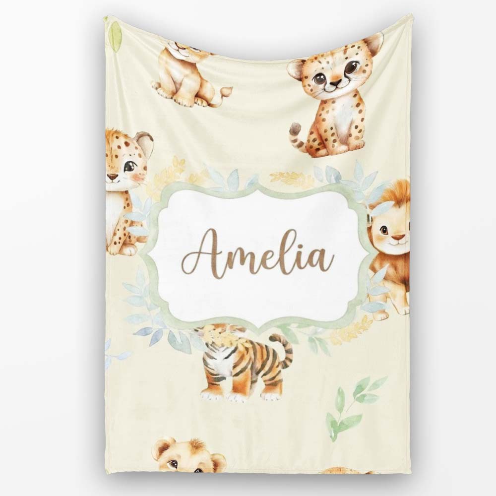 Baby Safari Animals Leopard Tiger Lion on Soft Cream Seamless  Personalised Custom Name Super Soft Fleece Blanket Bed Sofa Throw