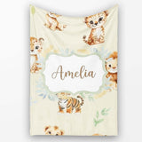 Baby Safari Animals Leopard Tiger Lion on Soft Cream Seamless  Personalised Custom Name Super Soft Fleece Blanket Bed Sofa Throw