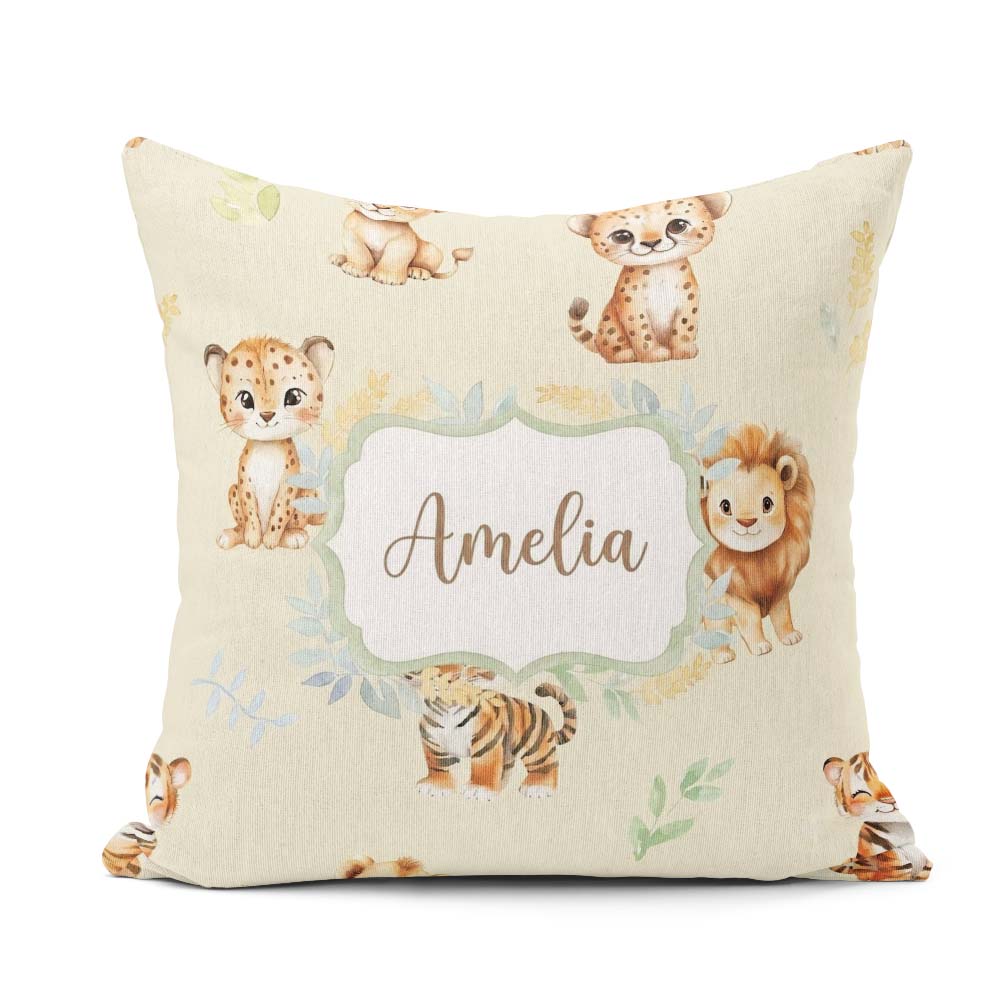 Custom Name Baby Safari Animals Leopard Tiger Lion on Soft Cream Square Filled Cushion Throw Pillow Sofa Bed Home Decor Zip Washable UK Made