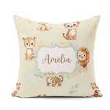 Custom Name Baby Safari Animals Leopard Tiger Lion on Soft Cream Square Filled Cushion Throw Pillow Sofa Bed Home Decor Zip Washable UK Made