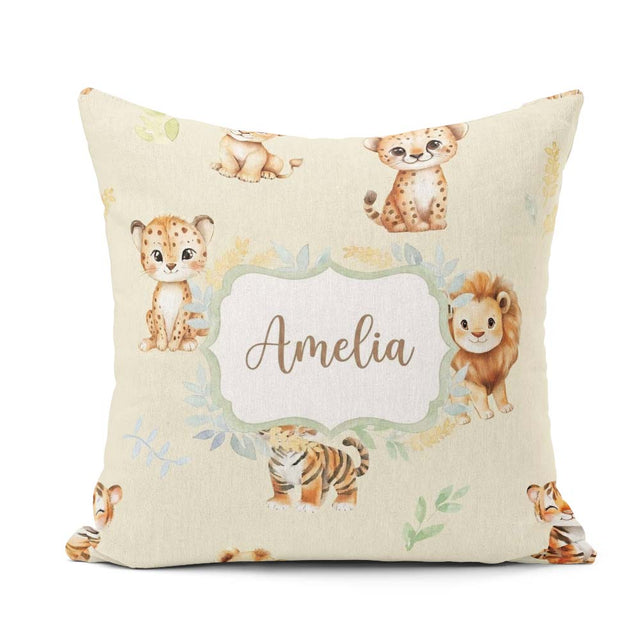 Custom Name Baby Safari Animals Leopard Tiger Lion on Soft Cream Square Filled Cushion Throw Pillow Sofa Bed Home Decor Zip Washable UK Made
