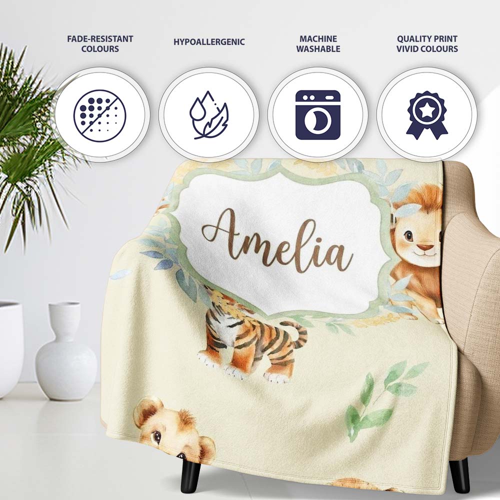 Baby Safari Animals Leopard Tiger Lion on Soft Cream Seamless  Personalised Custom Name Super Soft Fleece Blanket Bed Sofa Throw