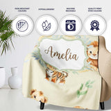 Baby Safari Animals Leopard Tiger Lion on Soft Cream Seamless  Personalised Custom Name Super Soft Fleece Blanket Bed Sofa Throw