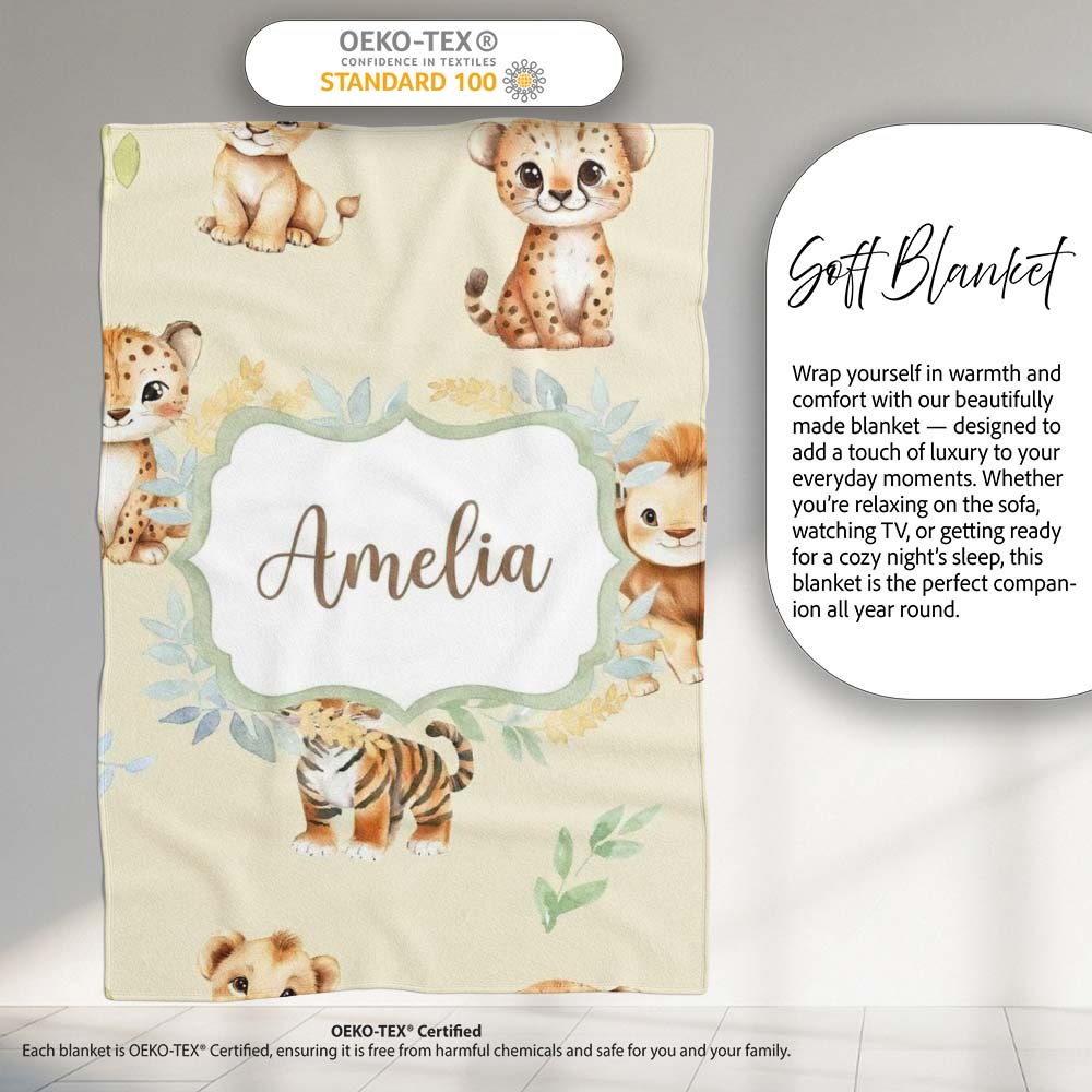 Baby Safari Animals Leopard Tiger Lion on Soft Cream Seamless  Personalised Custom Name Super Soft Fleece Blanket Bed Sofa Throw