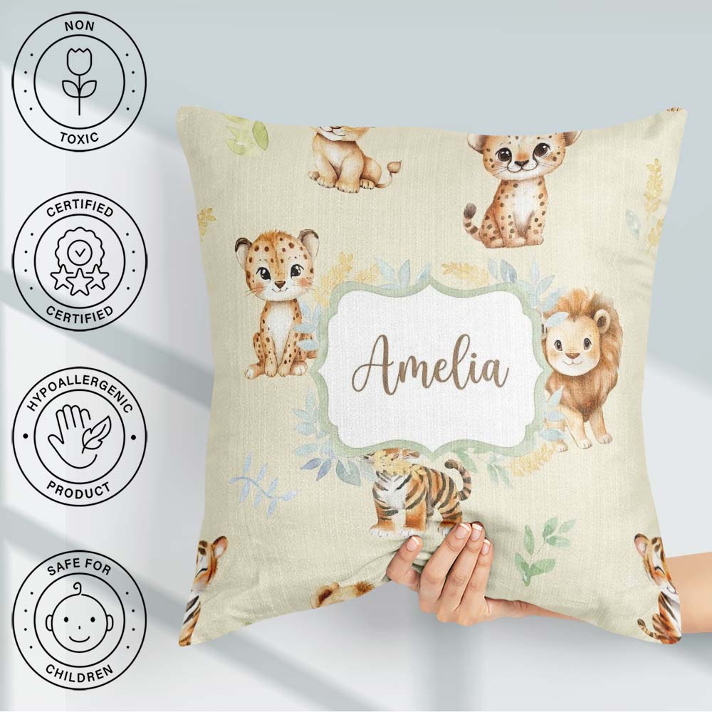 Custom Name Baby Safari Animals Leopard Tiger Lion on Soft Cream Square Filled Cushion Throw Pillow Sofa Bed Home Decor Zip Washable UK Made