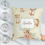 Custom Name Baby Safari Animals Leopard Tiger Lion on Soft Cream Square Filled Cushion Throw Pillow Sofa Bed Home Decor Zip Washable UK Made