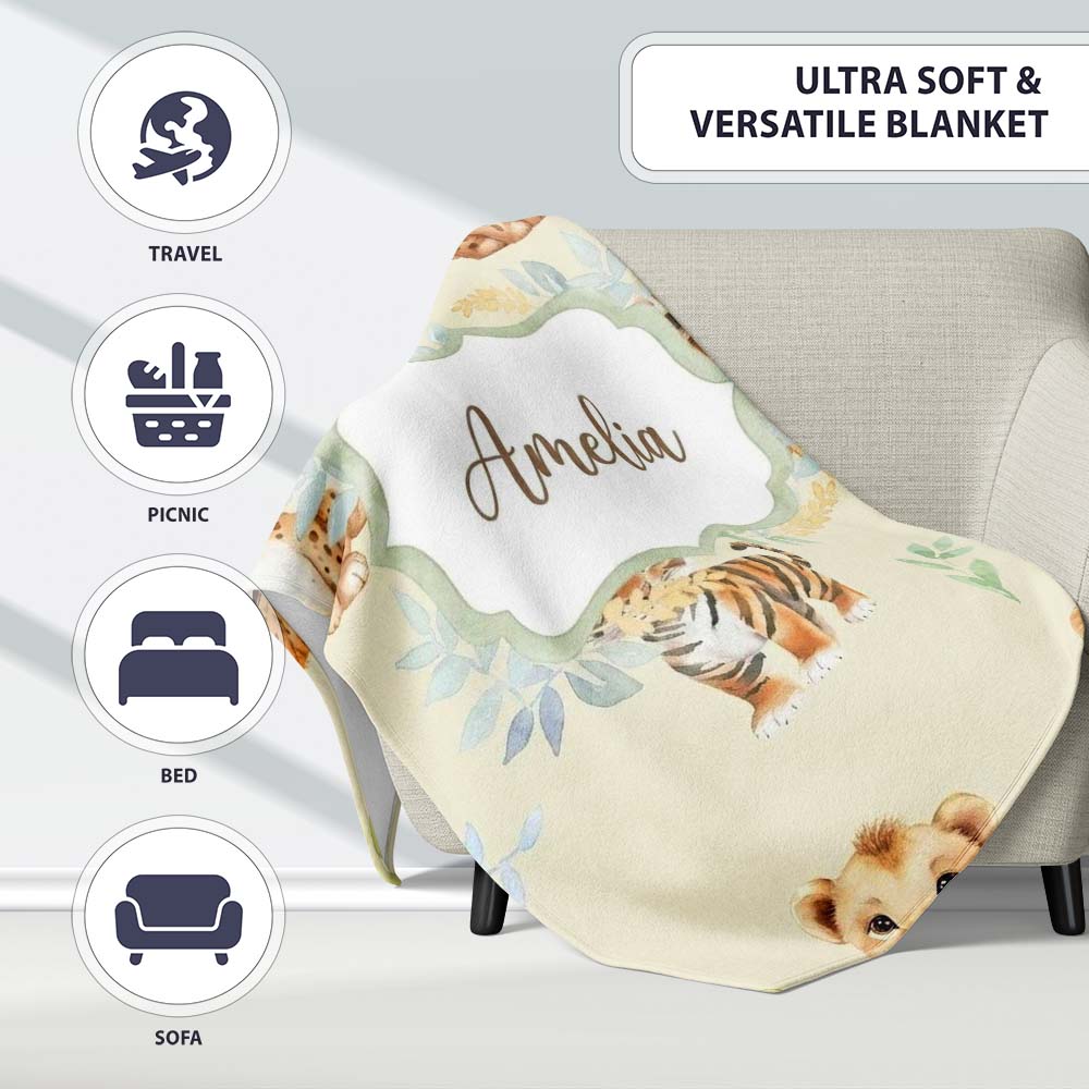 Baby Safari Animals Leopard Tiger Lion on Soft Cream Seamless  Personalised Custom Name Super Soft Fleece Blanket Bed Sofa Throw