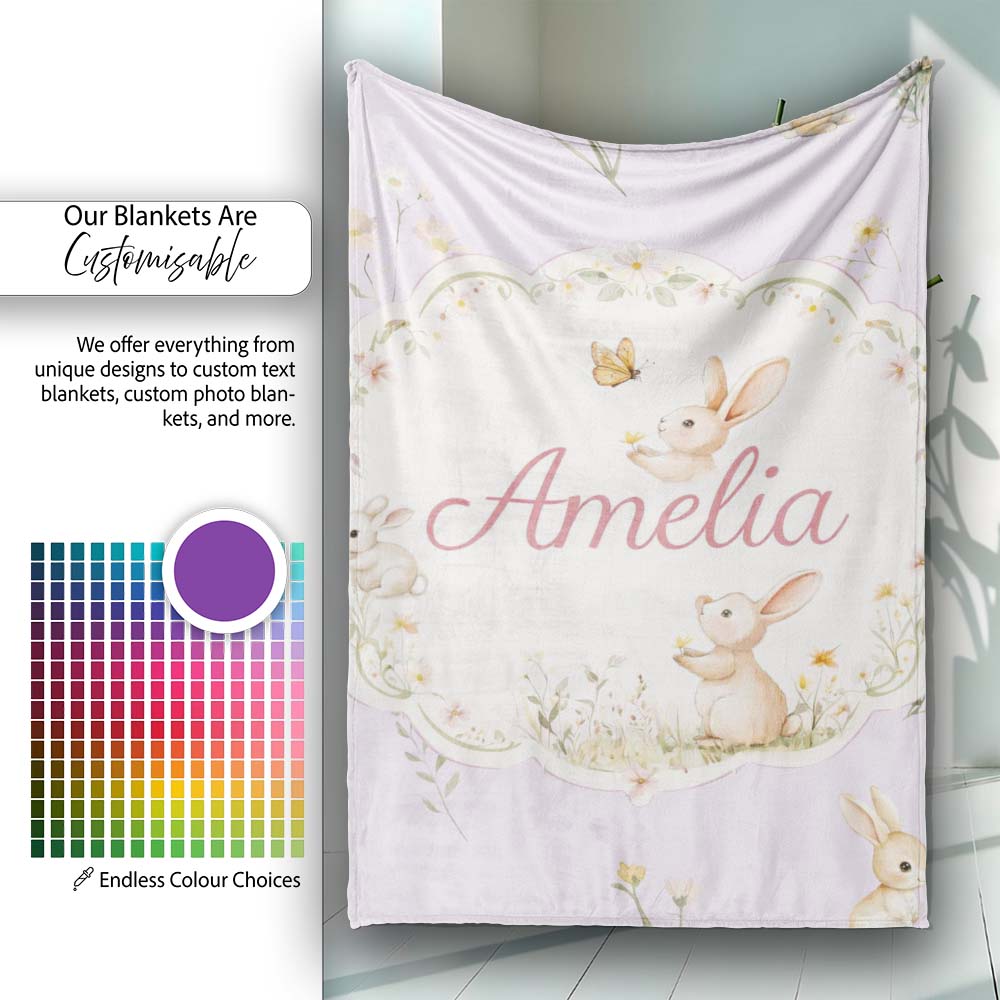 Watercolor Bunny Floral Meadow Soft Lavender Seamless Pattern Lovely  Personalised Custom Name Super Soft Fleece Blanket Bed Sofa Throw