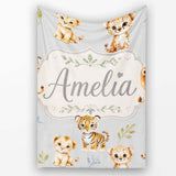Baby Safari Animals Leopard Tiger Lion on Soft Grey Seamless  Personalised Custom Name Super Soft Fleece Blanket Bed Sofa Throw
