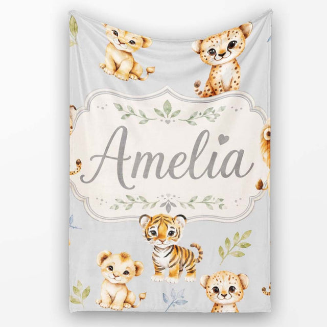 Baby Safari Animals Leopard Tiger Lion on Soft Grey Seamless  Personalised Custom Name Super Soft Fleece Blanket Bed Sofa Throw