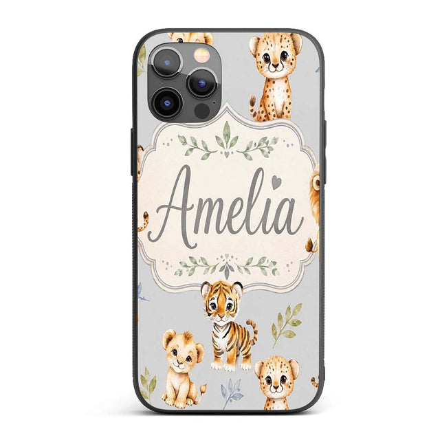 Baby Safari Animals Leopard Tiger Lion on Soft Custom Name Protective Phone Case Mobile Cover Durable Everyday Smartphone Shock Resistant