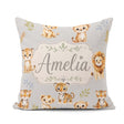 Custom Name Baby Safari Animals Tiger Lion on Soft Grey Seamless Square Filled Cushion Throw Pillow Sofa Bed Home Decor Zip Washable UK Made