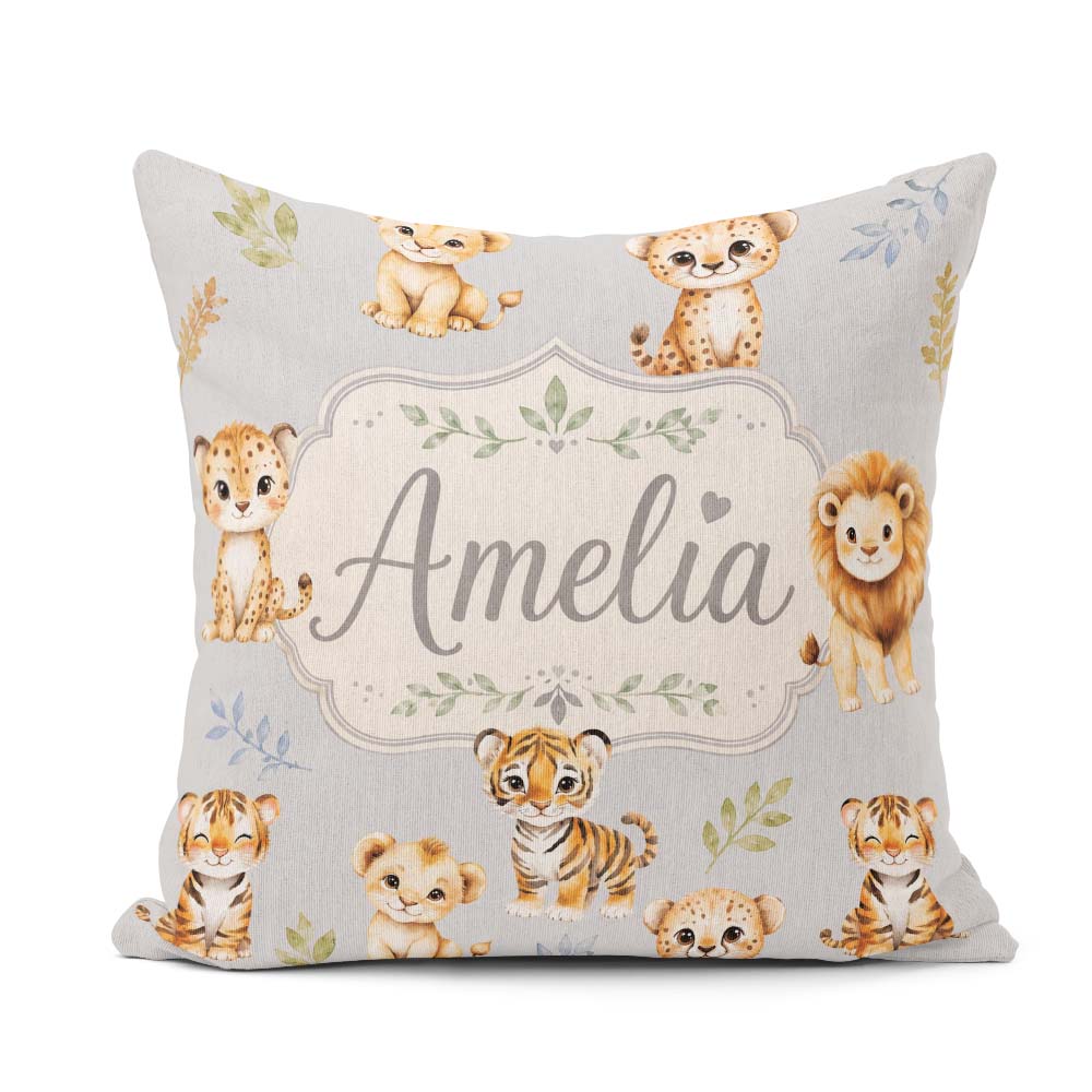 Custom Name Baby Safari Animals Tiger Lion on Soft Grey Seamless Square Filled Cushion Throw Pillow Sofa Bed Home Decor Zip Washable UK Made