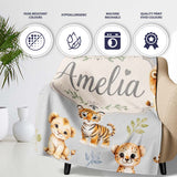 Baby Safari Animals Leopard Tiger Lion on Soft Grey Seamless  Personalised Custom Name Super Soft Fleece Blanket Bed Sofa Throw
