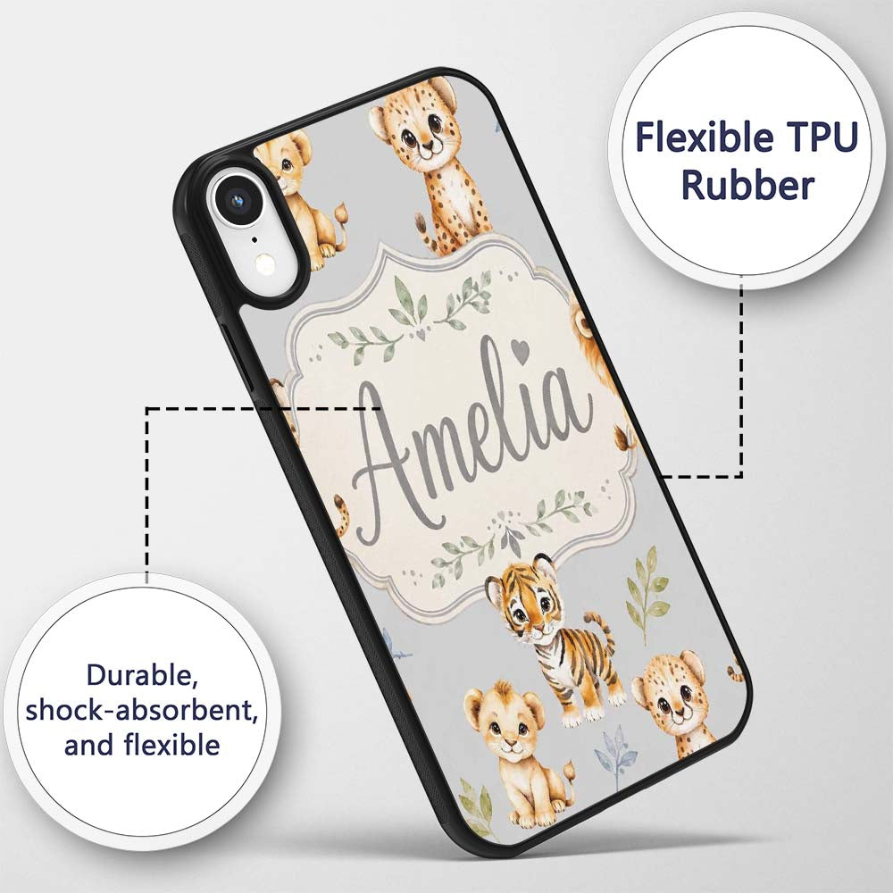 Baby Safari Animals Leopard Tiger Lion on Soft Custom Name Protective Phone Case Mobile Cover Durable Everyday Smartphone Shock Resistant